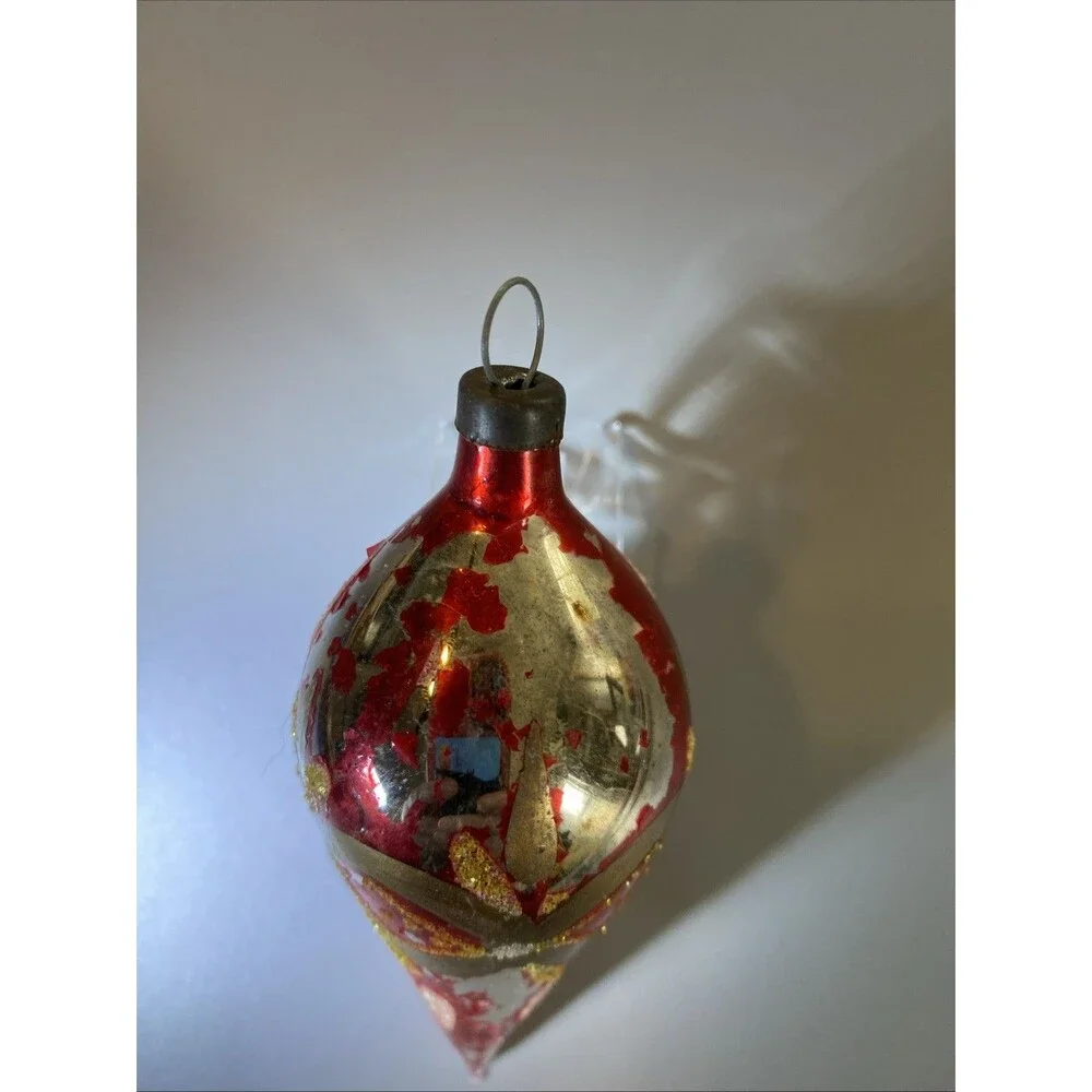 Vintage Christmas Red Gold Glass Teardrop Ornament Hand Painted Glitter Holiday